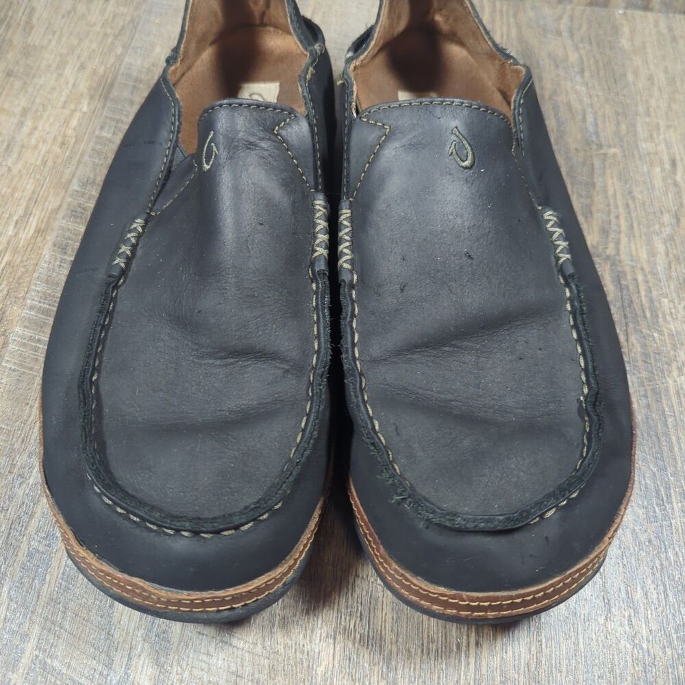 Olukai Moloa Shoes Men's Size 10.5 Black Leather Comfort Casual Loafers Moc - Picture 4 of 13